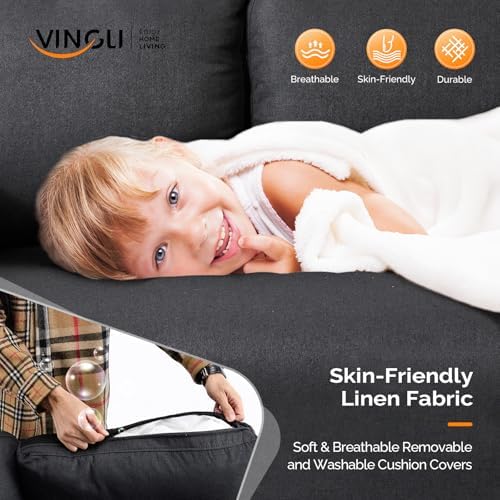 VINGLI 47" Small Couch, Linen Loveseat Sofa Black Mini Couch Mid Century Modern - Image 3