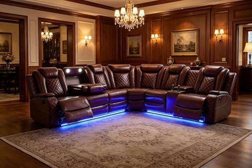 Breathing Leather Reclining Sofa Set, Power Recliner Sectional Couch by COSYMOORFURNITURE