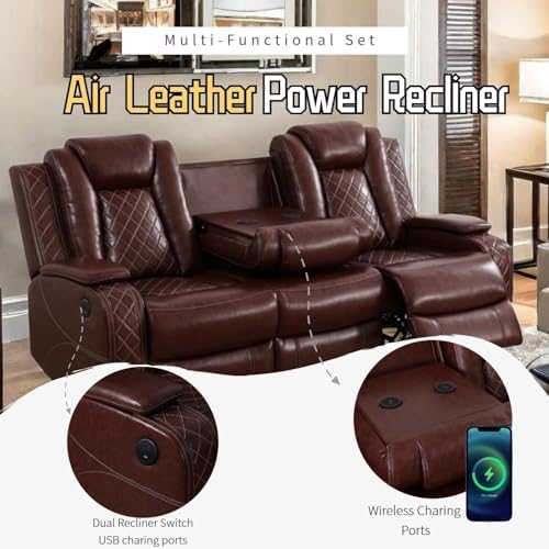 Power Recliner Set with LED Lights, Air Leather Reclining Set with USB - Image 3