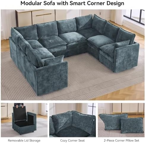 105" Blue Oversized Modular Storage Sofa, U Shaped Chenille Cloud Couch - Image 6