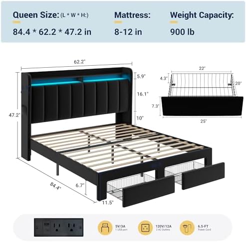 Allewie Queen Bed Frame with 2-Tier Storage Headboard & 2 Large Drawers - Image 2
