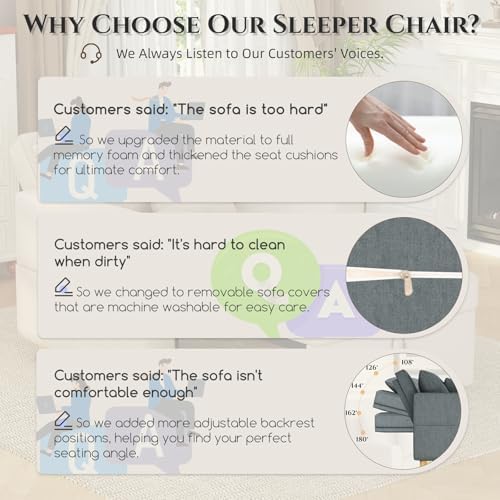 YODOLLA 38" Wide Sleeper Chair Pull Out Bed, Chair Bed Sleeper - Image 3
