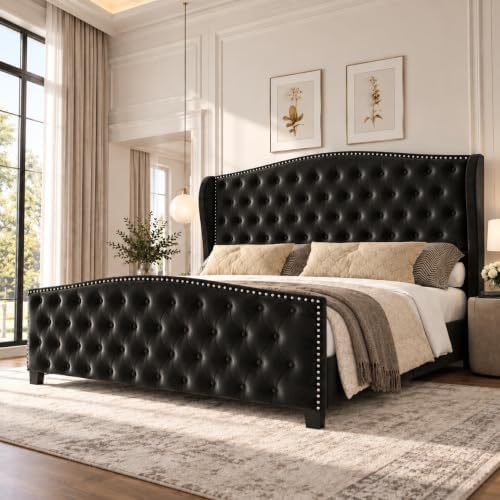 LARMACE King Size Bed Frame Velvet Upholstered Platform Bed by LARMACE