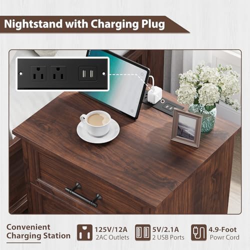 YANSNWO Walnut Nightstand with Charging Station, 19.7" 3-Drawer End Table - Image 5