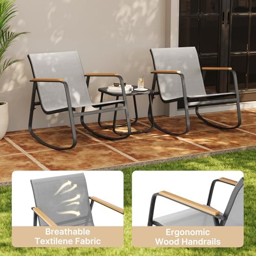 Aiho 3 Piece Patio Bistro Set, Textilene Rocking Chairs - Image 5