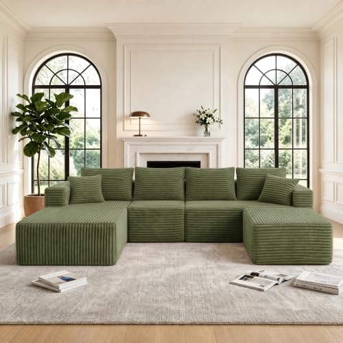 118" Boneless U-Shaped Sectional Couch, Olive Green by Yimilife