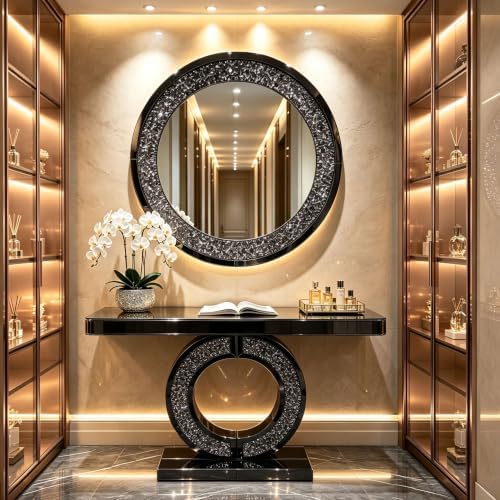 Mirrored Console Table & Round Wall Mirror Set, 42.9" Black by Unknown
