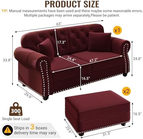 KEIKI 63" Velvet Chesterfield Sofa - Image 2