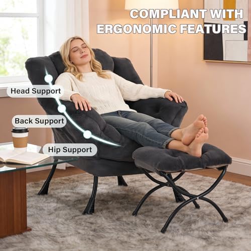 Modern Lazy Chair with Ottoman, Comfy Accent Reading Chair, Plush Navy - Image 5