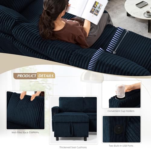 110" Corduroy Pull Out Sofa Bed w/Adjustable Backrests - Image 4