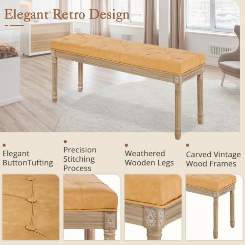 LUE BONA 44" Leather End of Bed Bench, Upholstered Tufted French Bedroom Bench - Image 5