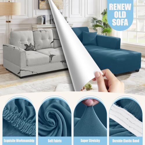 KinCam Sectional Couch Covers Stretch L Shape Sofa Covers, Peacock Blue - Image 2
