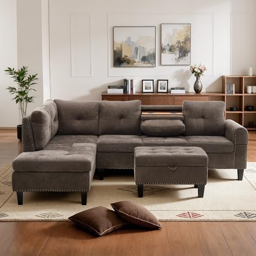 L-Shaped Couch Set, 97.5" L x 69.5" W Sectional Sofas Linen Brown - Image 7