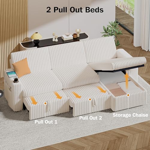 Sunny Heart 101" Plush Corduroy L Shaped Sectional Sleeper Sofa Bed - Image 7