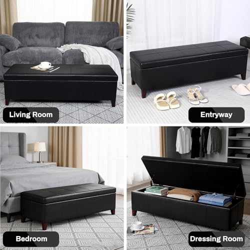 Ottoman with Storage Black Faux Leather Storage Ottoman Bench - Image 6