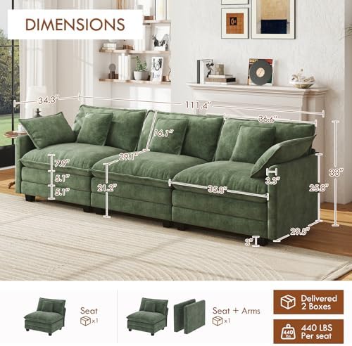 WorthFurni 111.4" Cloud Couch, Modular Sectional Sofa, Comfy Modern 3-Seater - Image 2