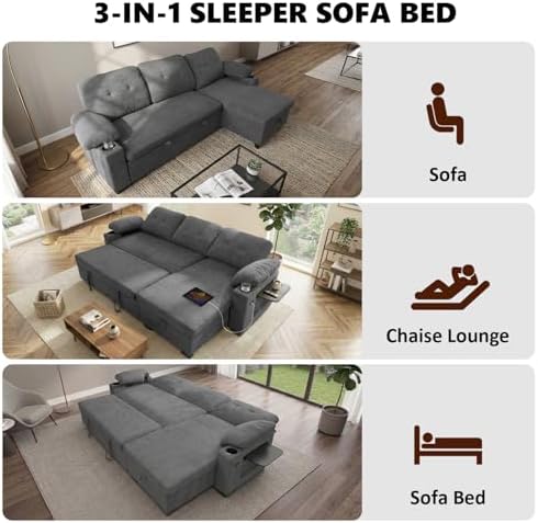 93" L Shaped Sleeper Sofa Bed, Pull Out Sectional Couch - Image 4