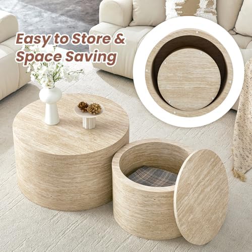 LKTART Travertine Round Nesting Coffee Table Set of 2 - Image 3