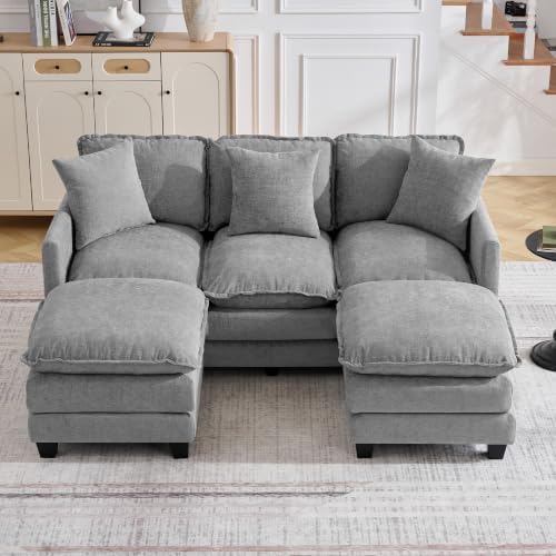 72'' Cloud 3 Seater Couch with 2 Ottomans, U Shaped Sofa with 3 Throw Pillows by HOCAT