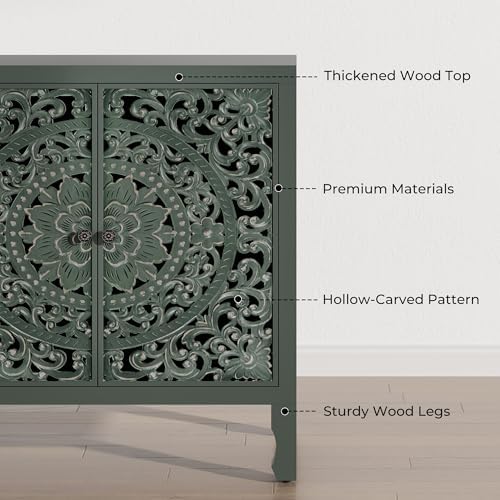 Buffet Cabinet with Storage, Accent Cabinet with 4 Carved Doors, Solid Wood - Image 3