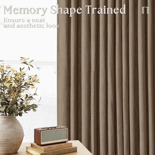 92 Inch Memory Shaped Light Filtering Linen Pleat Brown Window Curtains - Image 3