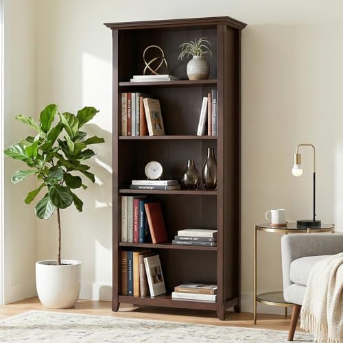 SIMPLIHOME Amherst 70" Tall Solid Wood 5-Shelf Bookcase in Russet Brown - Image 2