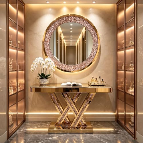 Mirrored Console Table & Round Wall Mirror Set, 35.43" Brown - Image 3