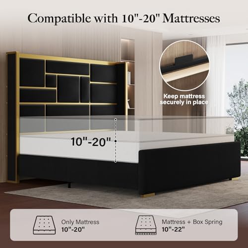 King Bed Frame and Gold Trim Headboard, Upholstered Bed - Image 6