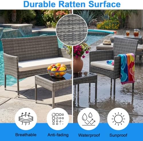 FDW 4-Piece Patio Furniture Set | Gray & Khaki | Outdoor Wicker Furniture - Image 3