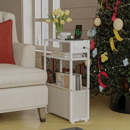 Leomonio White Side Table with Charging Station, Slim End Tables with Linen - Image 4