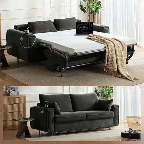 Pull Out Sofa Bed, No Cushion Removal, Queen Sleeper Sofa, Chenille Dark Grey by CHICHOUSE