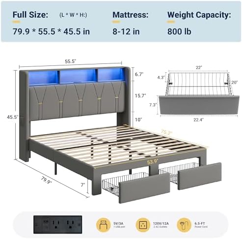 Allewie Full Bed Frame with 2-Tier Storage Headboard, Charging Station & LED - Image 2