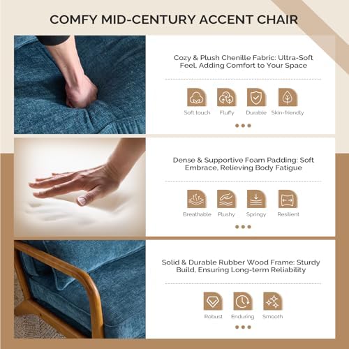 VINGLI Chenille Mid-Century Modern Accent Chair Set of 2, Cute Reading Arm Chair - Image 3