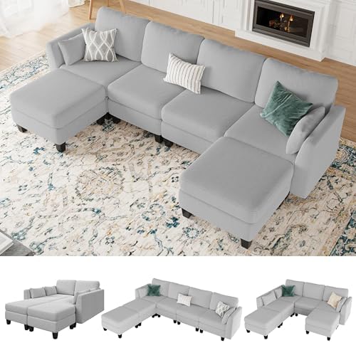 Modular Sectional Sofa, 6 Seat Modular Sleeper Sofa Couch, Light Grey by Mangodan
