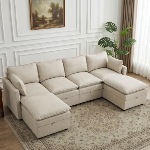 105" Beige Faux Leather Storage 4 Seater Sofa by Abbrevi