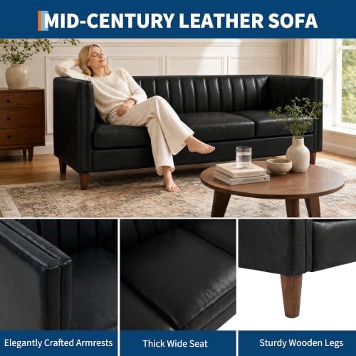 Garvee 81'' Black Faux Leather Couch - Image 5