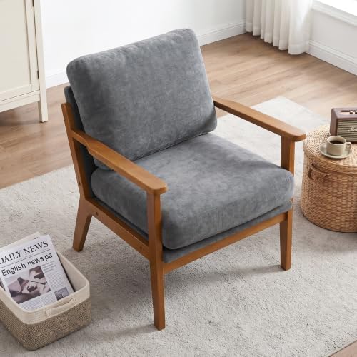 Mid-Century Modern Chenille Armchair, Walnut Frame Comfy Accent Chair - Image 7