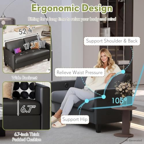 59” Black Faux Leather Loveseat, 2 Seater Couch - Image 5