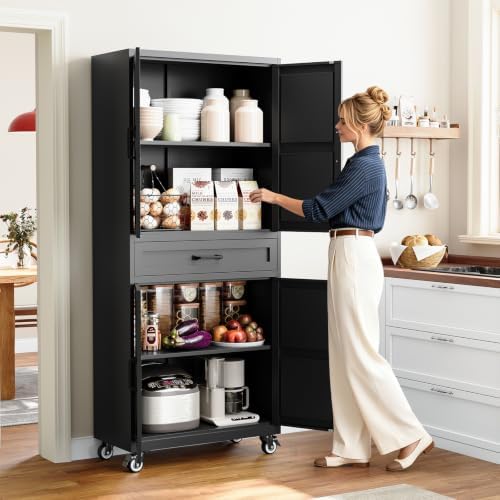 Black Metal Kitchen Storage Pantry Cabinet Rolling Garage Storage Cabinet - Image 2