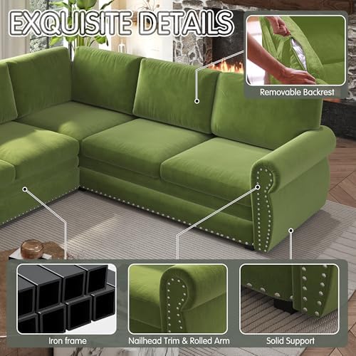 118" Chenille L-Shaped Pull-Out Chesterfield Sleeper Sofa, Grass Green - Image 3