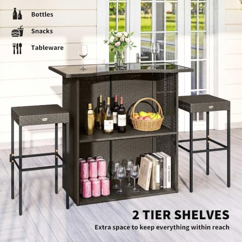 Outsunny 5 Piece Wicker Outdoor Bar Set High Top Table Chairs Dark Brown - Image 3