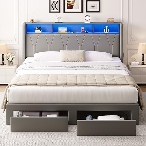 Allewie King Bed Frame with 2-Tier Storage Headboard, Charging Station & LED - Image 3