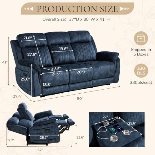 Power Reclining Sofa with Zero Gravity, Electric Reclining Couch with - Image 2