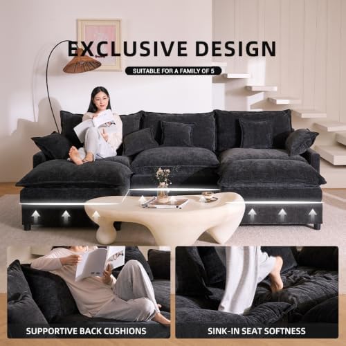 GOSUHI 108" U-Shaped Modular Cloud Couch, Deep Seat, Chenille Black - Image 3