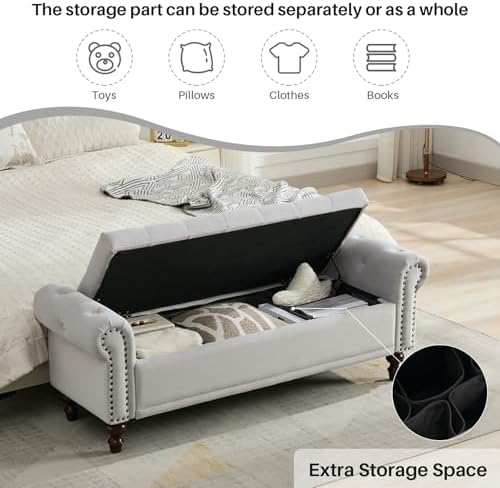SOFTHION 58.1" Storage Bench for Bedroom, Velvet Upholstered, Light Grey - Image 3