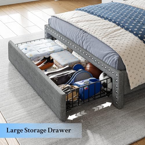 EnHomee Twin Bed Frame with Large Drawer & 2-Tier Storage Headboard Shelf - Image 3