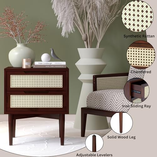 Bme Oliver Solid Wood Rattan Nightstand, Bohemian & Mid Century - Image 3