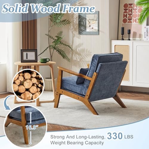 VINGLI Solid Wood Wide Armrests Accent Chair, Upholstered Mid Century Modern - Image 4