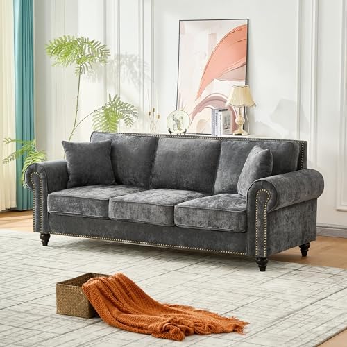 86.5" Chenille Sofa Couch 3-Seater | Modern Chesterfield Sofa by Asucoora