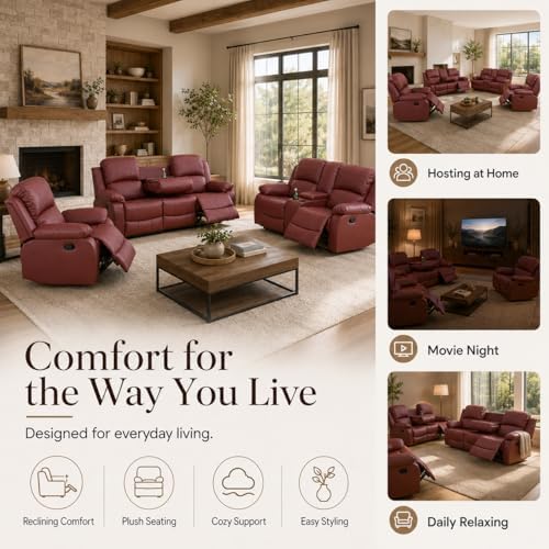 Recliner Sofa Set 3 Piece Living Room Furniture Set Couch Leather Recliner Sofa - Image 7